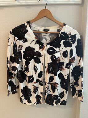 Talbots Floral-Print Button-Down Cardigan in Black & Cream